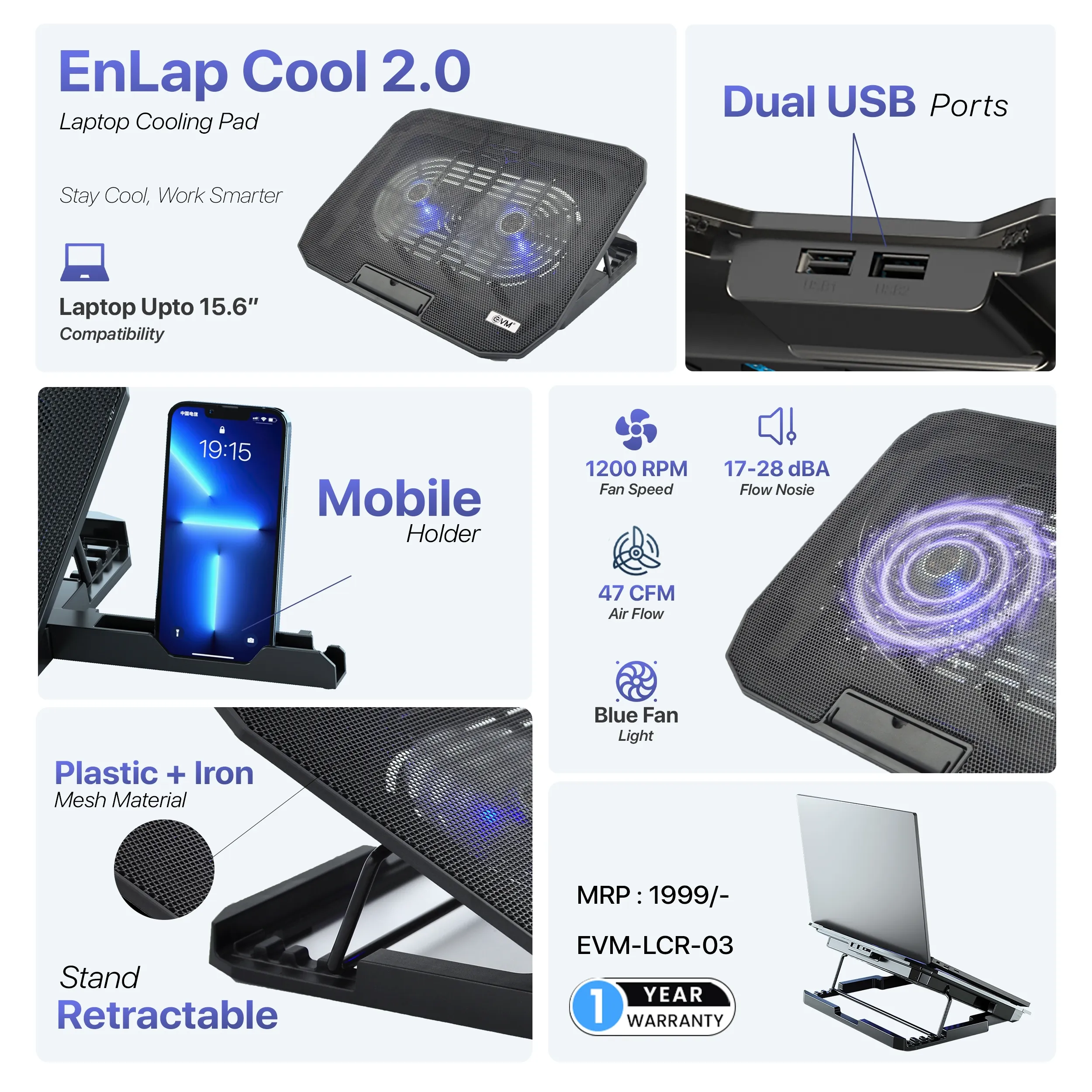 EVM Laptop Cooling Pad with Dual LED Fans for 15.6 Inch Laptops view 4